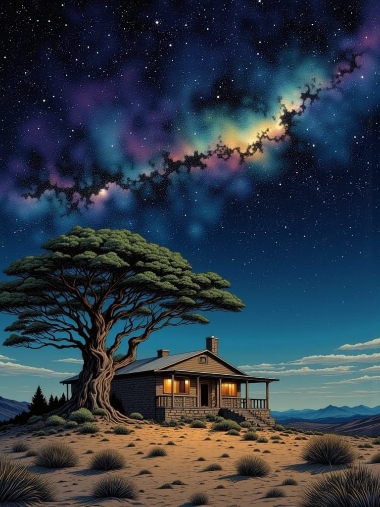 Rustic Sandstone Inn Under Starry Night Sky