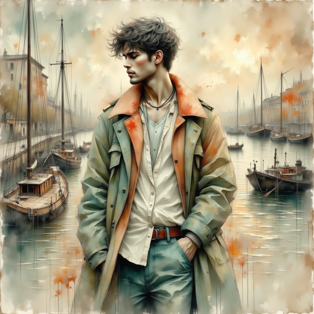 Gay Man in Ink Cityscape with Harbor