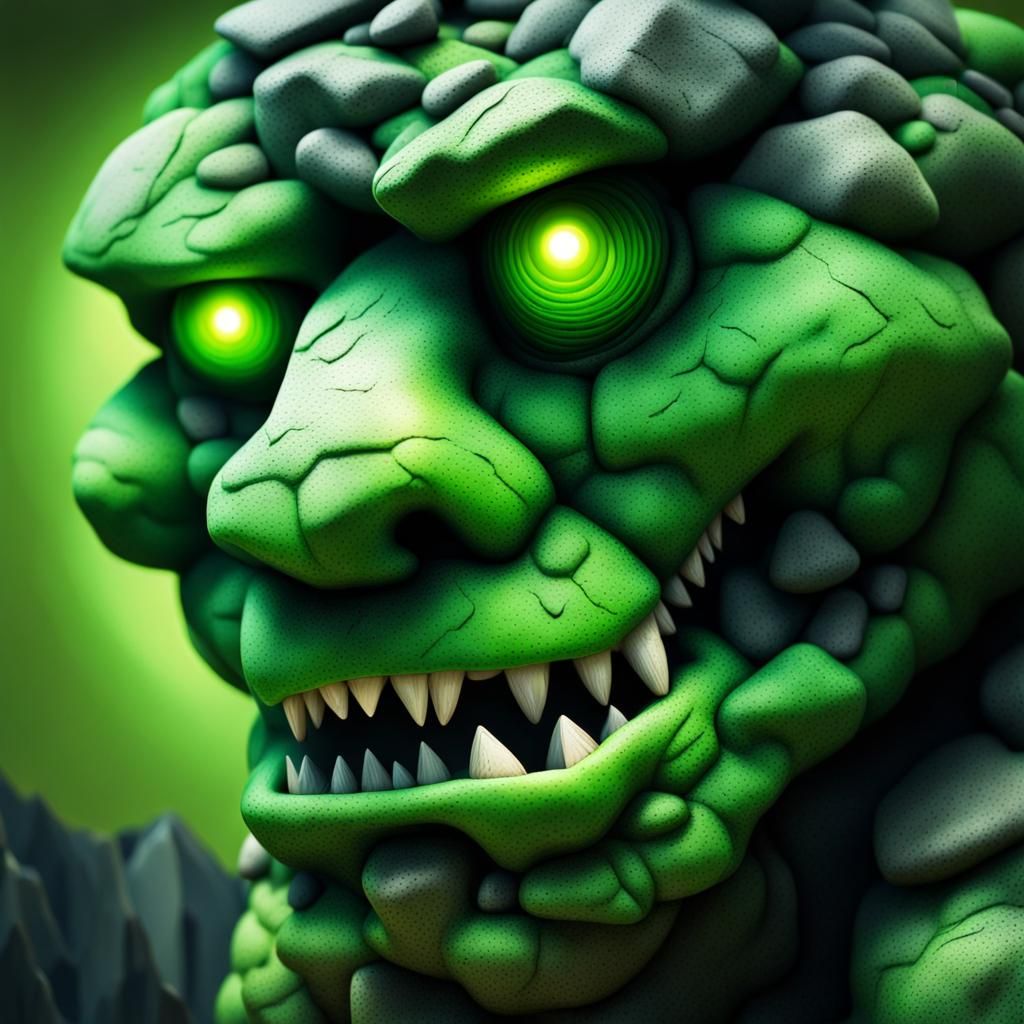Glowing Green Rock Monster in the Mountains