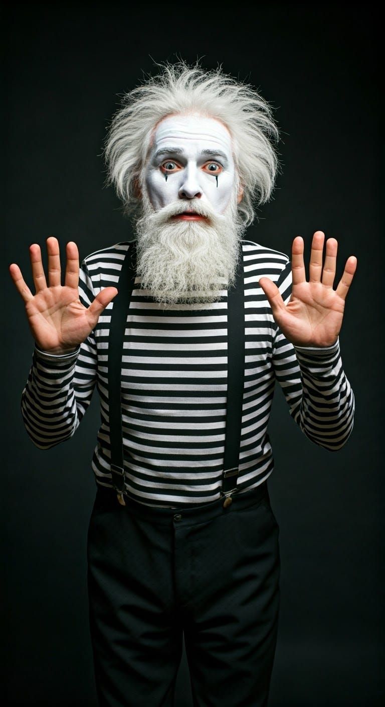 Surrealist Old Mime Trapped in Invisible Box