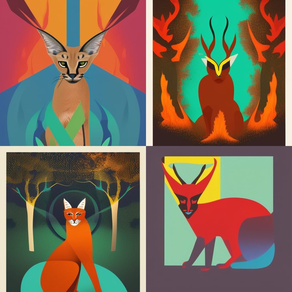 Caracal with Flamethrower in Burning Forest: Pop Art