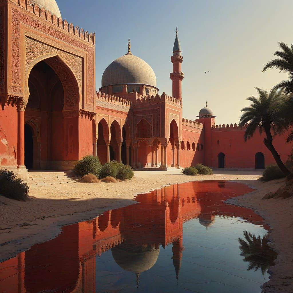 Desert Palace in Vibrant Colors, Lone Figure in Crimson