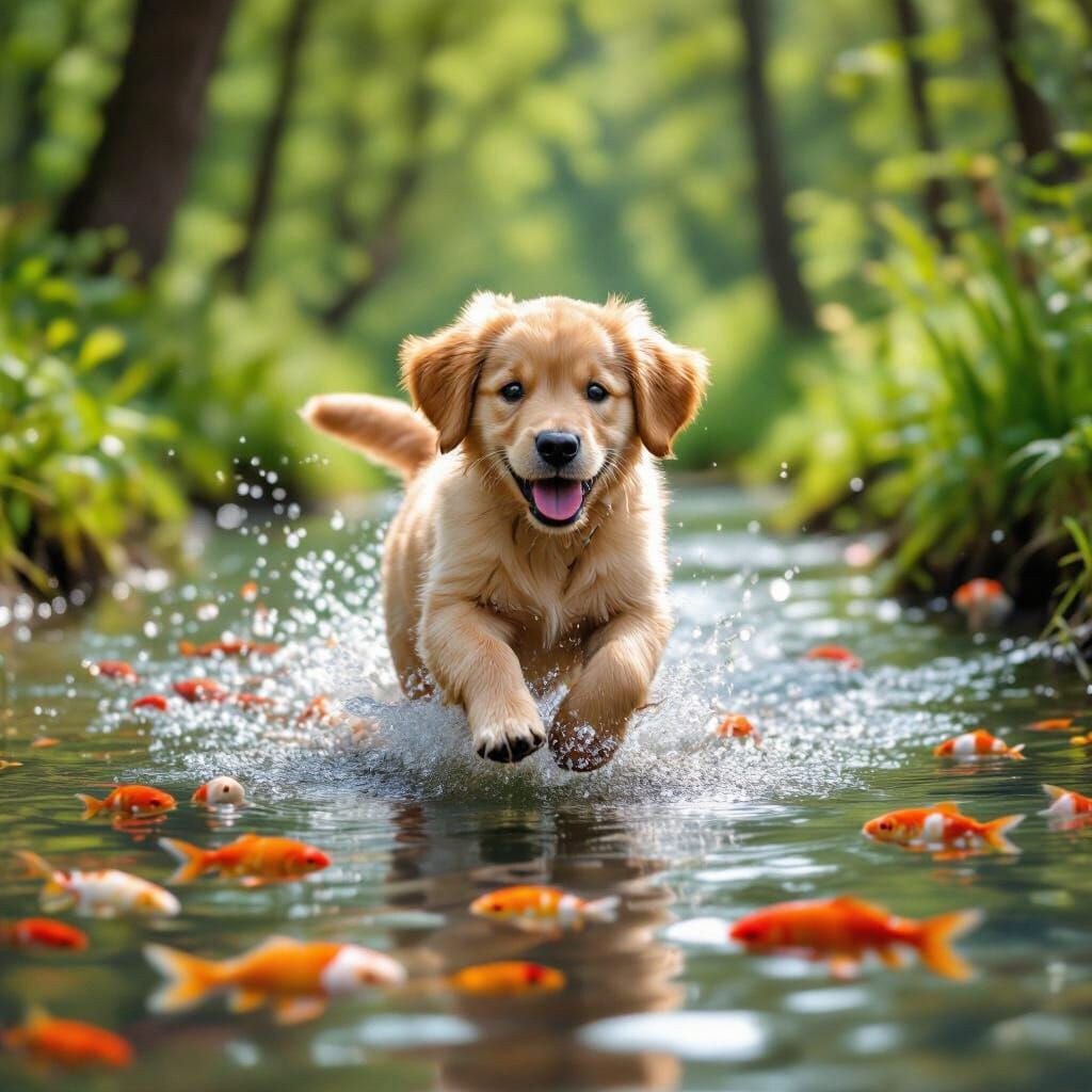 Golden Retriever Puppy Joyfully Runs Through a Clear Forest ...