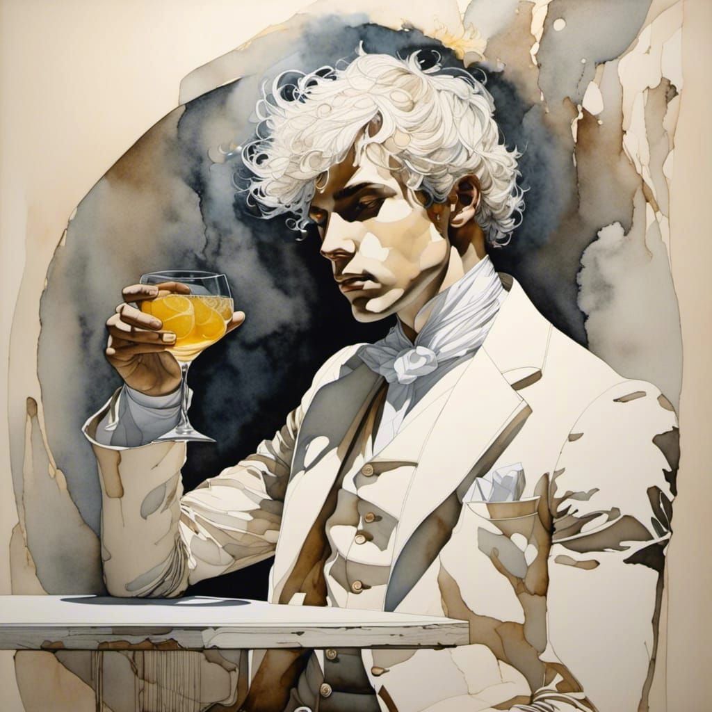 Monochromatic Watercolor of Man in White Suit