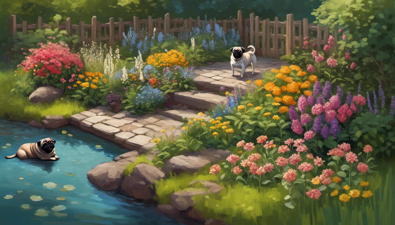 Isometric Garden Scene with Pugs in Watercolour Style