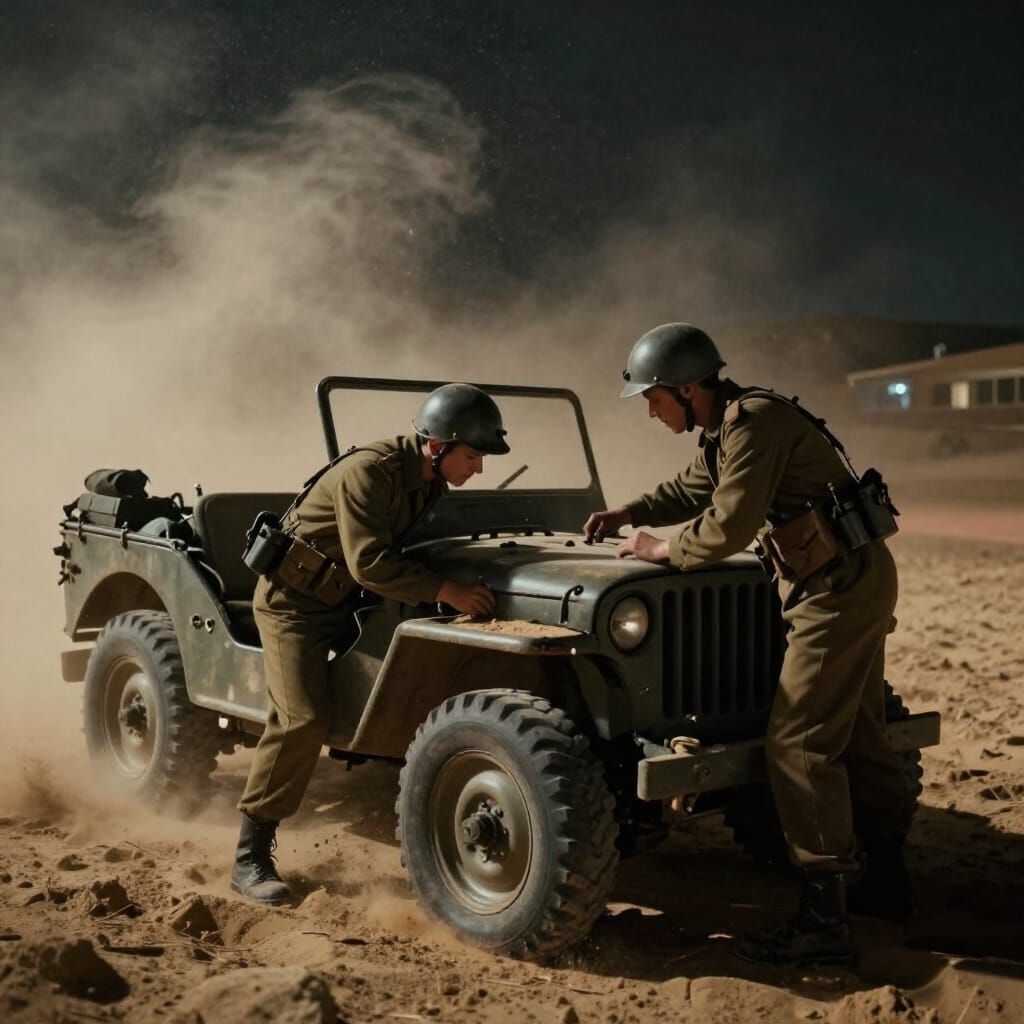 WWII Soldiers Repair Jeep in North Africa Sandstorm at Night