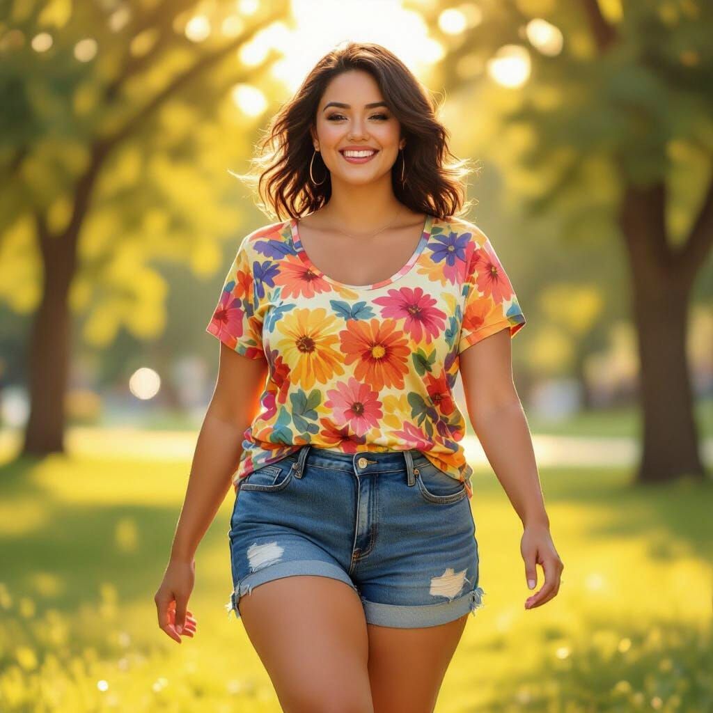 Joyful Plus-Size Woman in Sun-Drenched Park