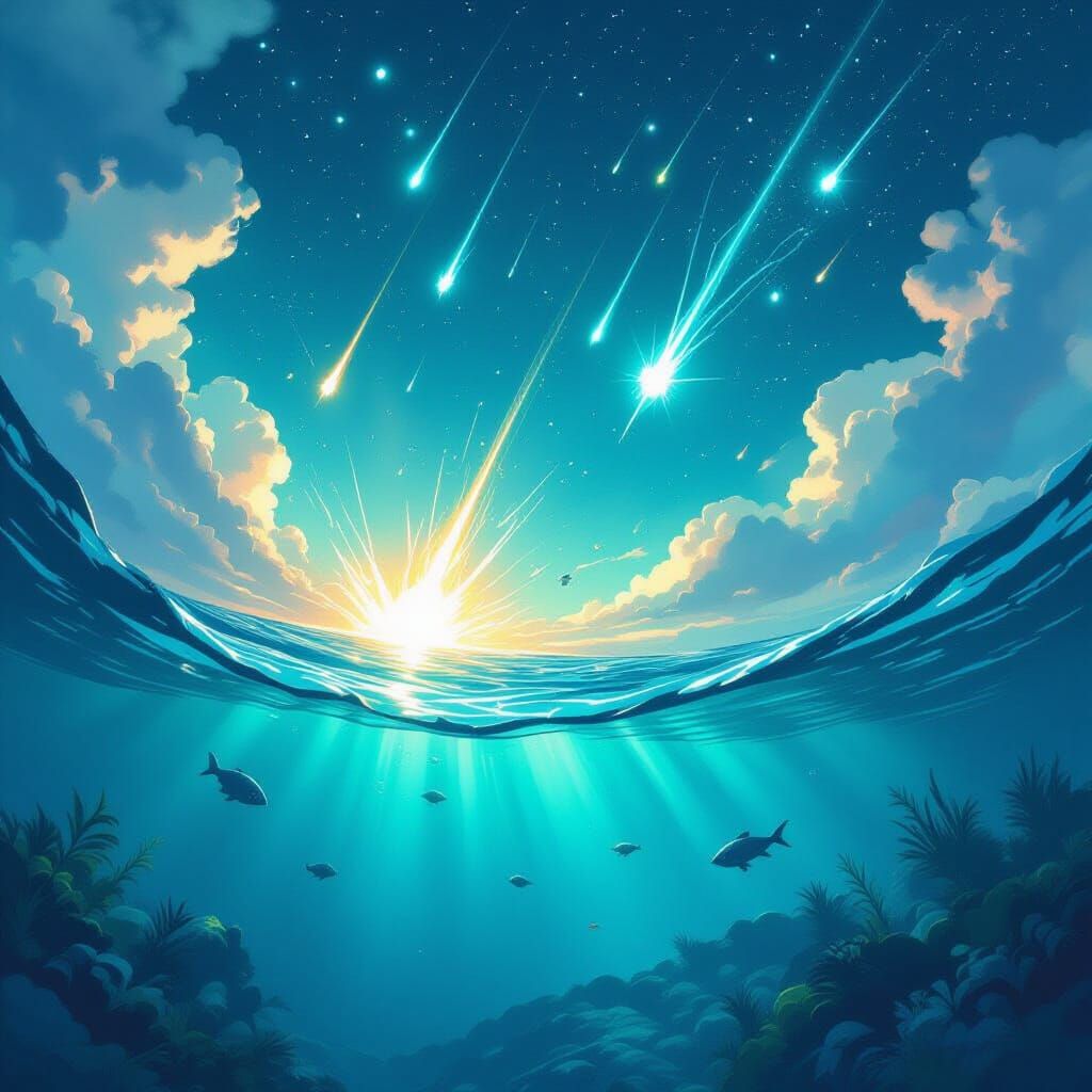 Meteors Plunge into Turquoise Ocean: Dreamlike Scene