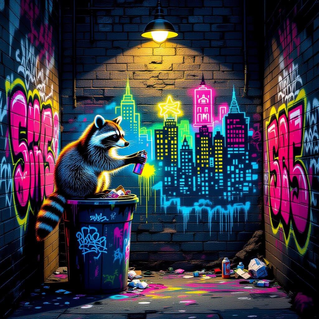 Raccoon Street Artist Creates Neon City Mural