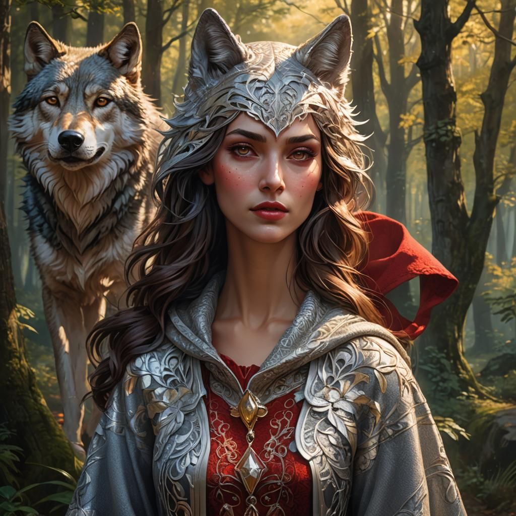 Little Red Riding Hood Meets Wolf in Forest