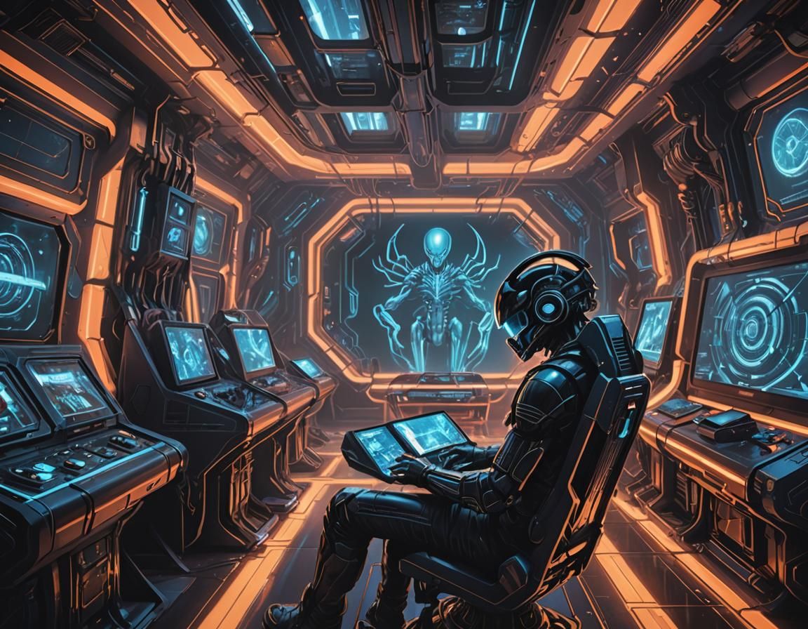 Futuristic Gaming Room Concept Art in Cyberpunk Style