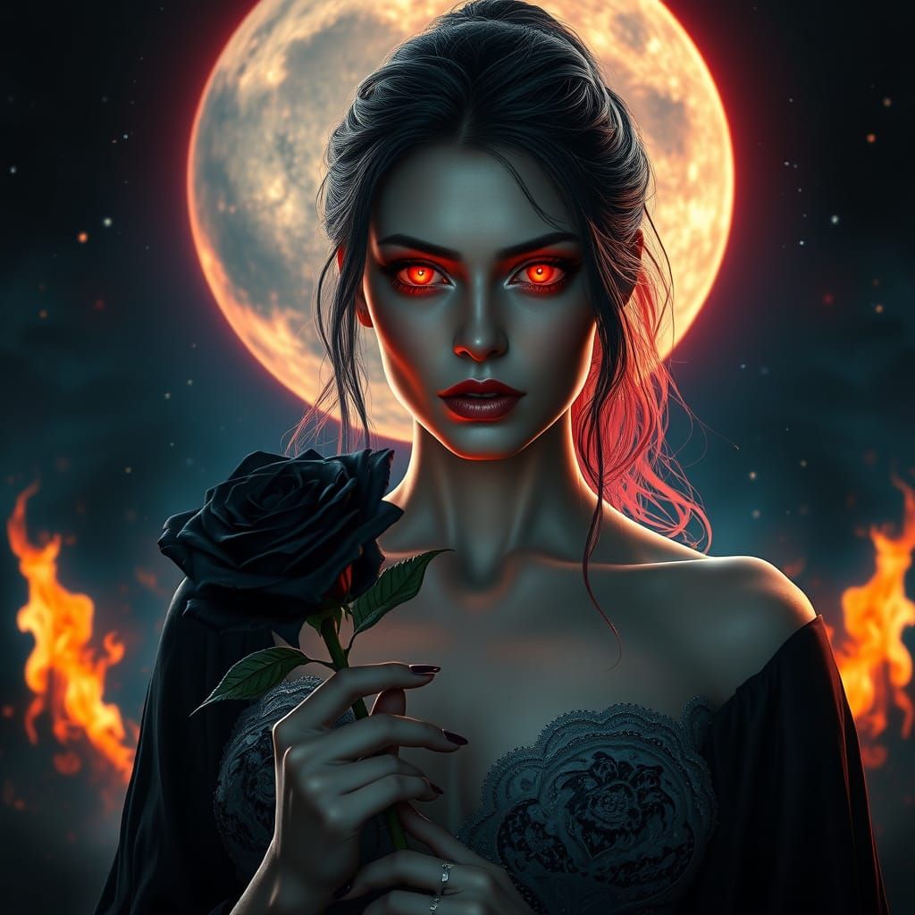 Vampire with Rose: Hyperrealistic Portrait in Ethereal Moonl...