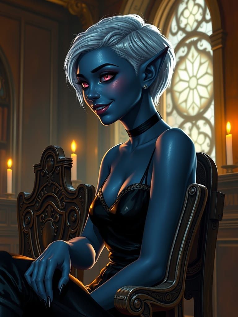 Serene Drow Elf Maiden in Candlelit Library