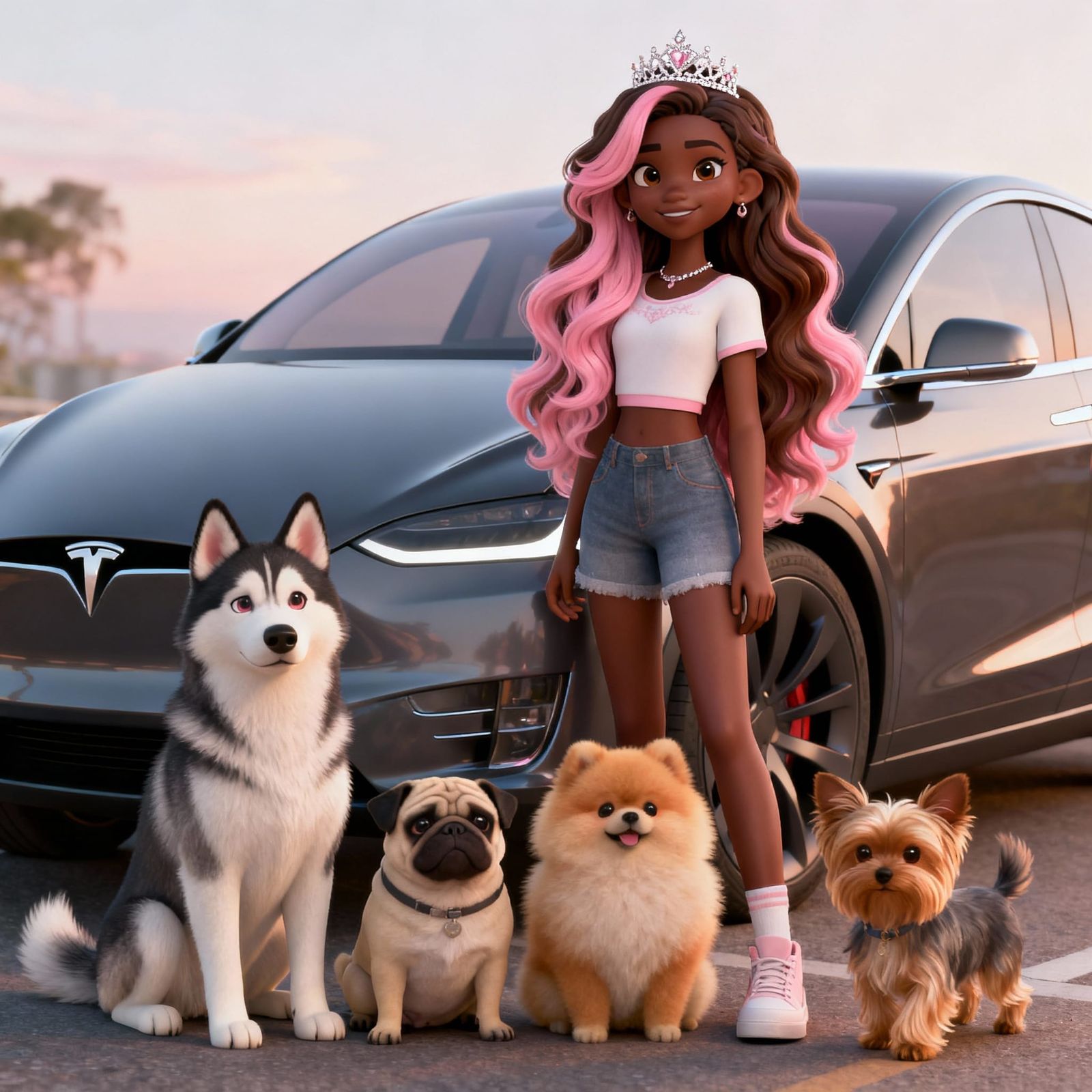 Girl with Pets and Tesla in Anime Style