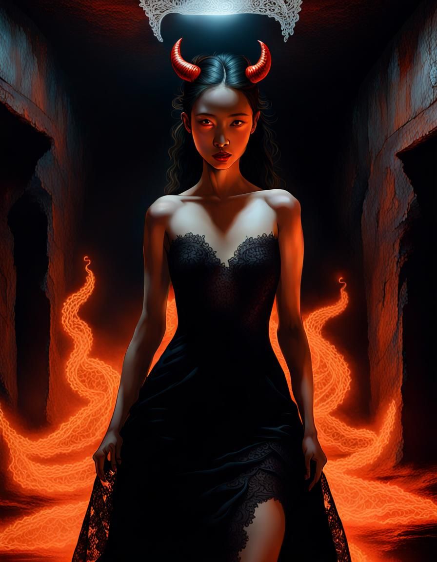 She-Devil Lilith in Floating Black Dress, Acrylic Painting