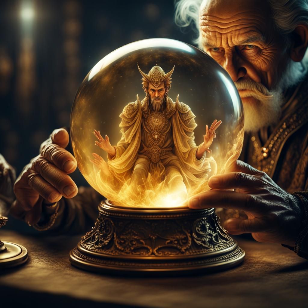 Sorcerer looking at demon in crystal ball