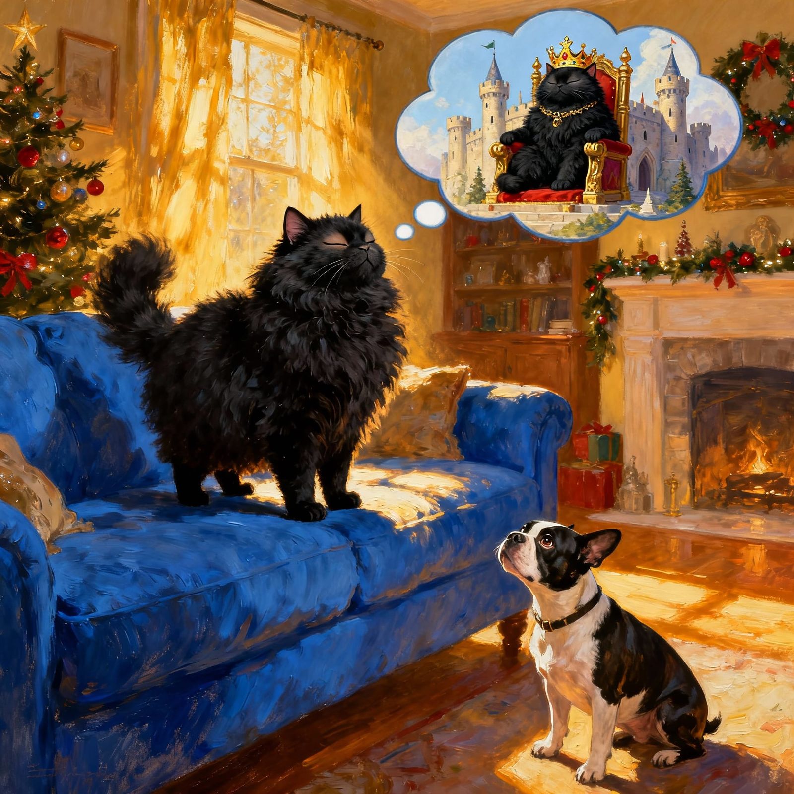 Fluffy Cat's Royal Dream on Blue Couch