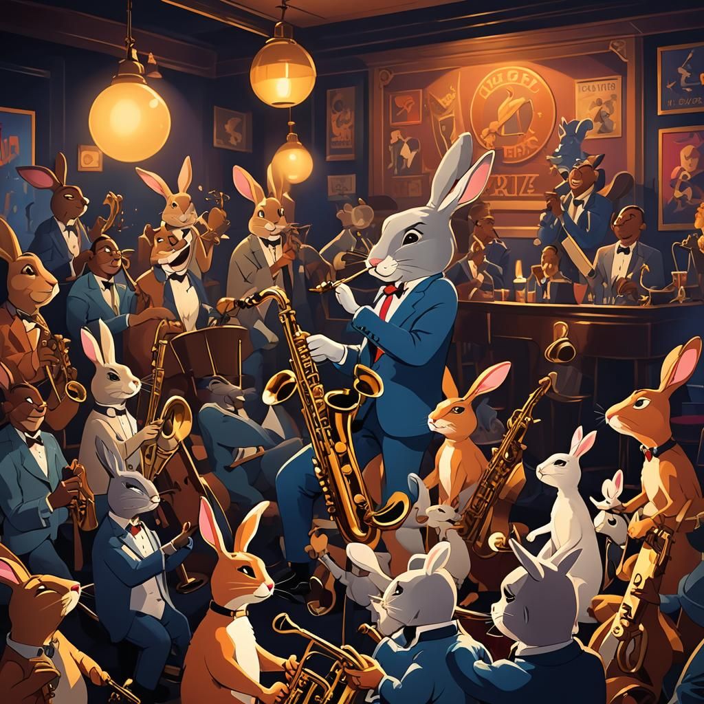 Cartoon Rabbit Playing Saxophone in Jazz Club