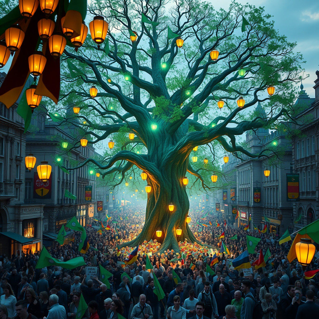 Berlin's Vibrant Green Celebration in a Cyberpunk Fantasy Ae...