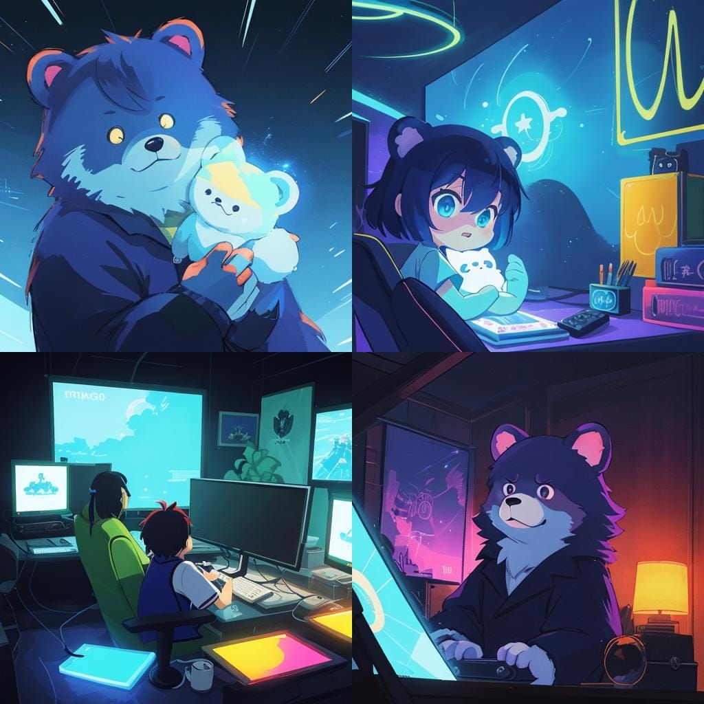 Cool Bear Playing Video Game in Anime Style