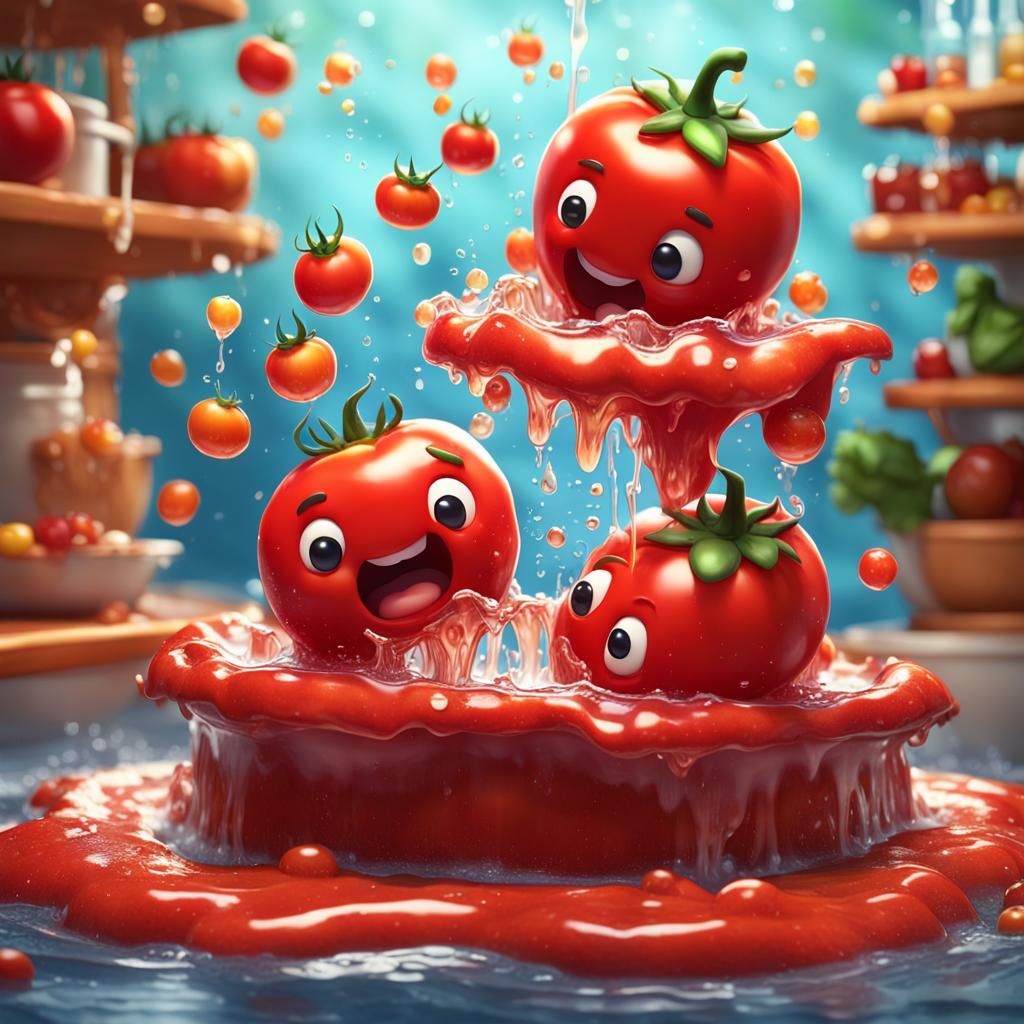 A  red tomatoes swimming together on a ketchup waterfall in the kitchen