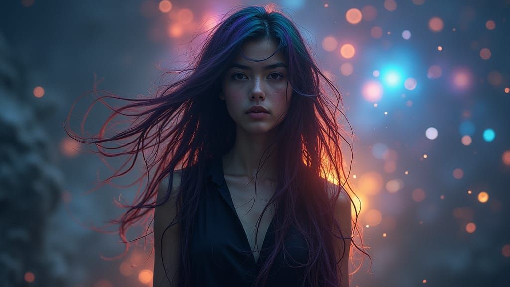 Mysterious Cosmic Girl with Rainbow Hair
