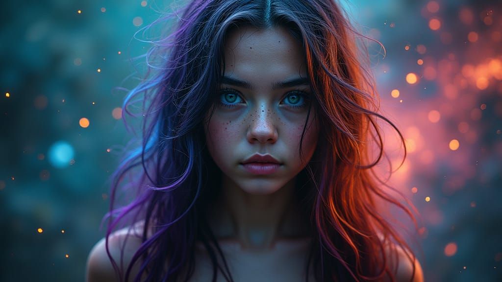 Enchanting Cosmic Girl with Rainbow Hair