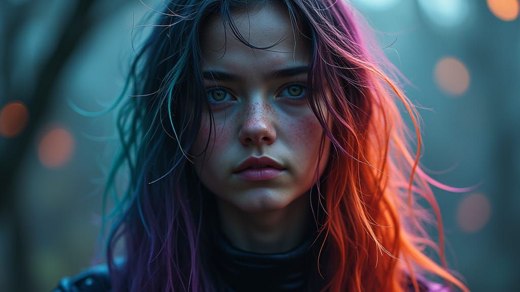 Enchanting Cosmic Girl with Rainbow Hair