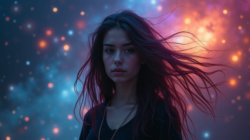 Enigmatic Cosmic Goddess in Dark-Rainbow Tresses