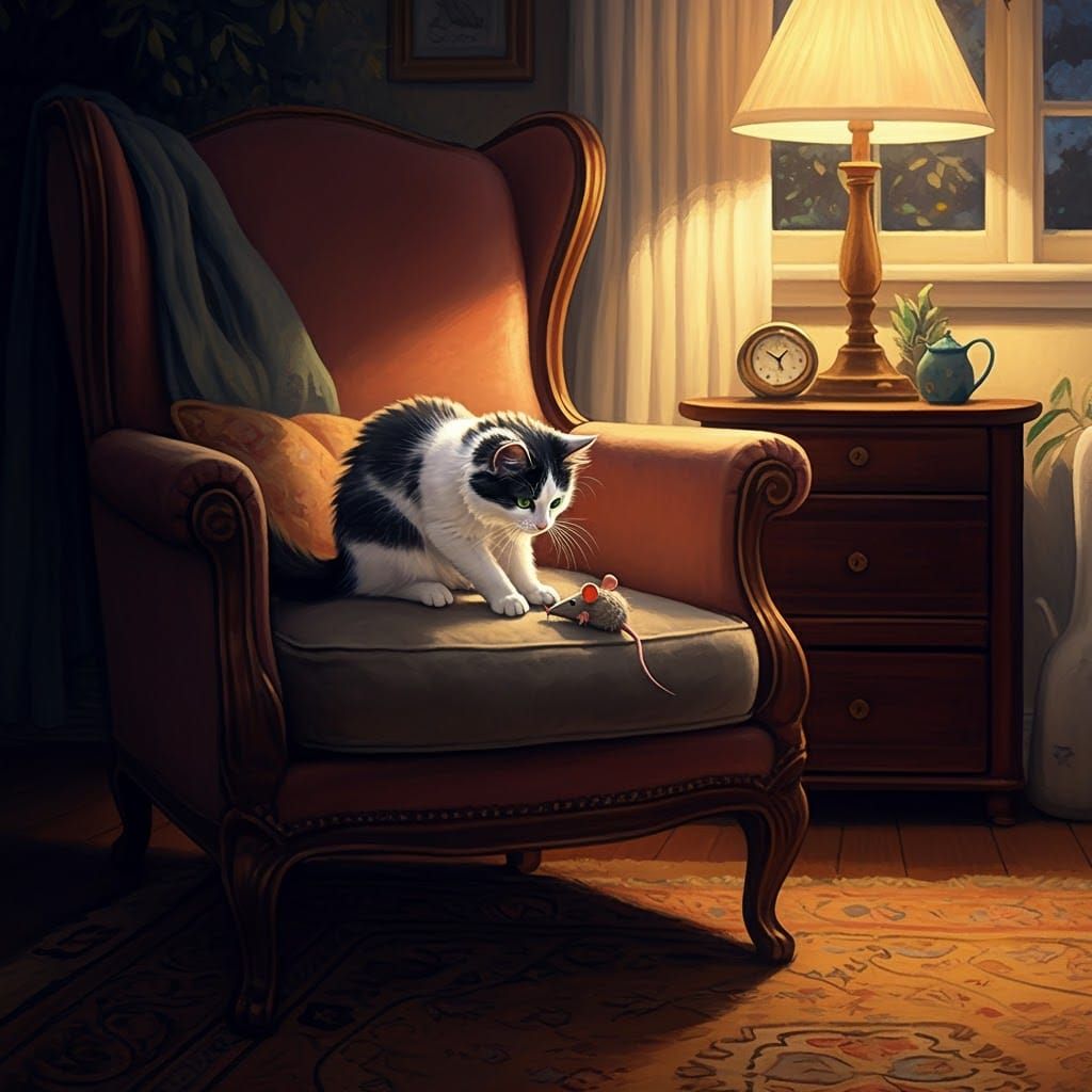 Playful Cat and Mouse in Impressionist Style