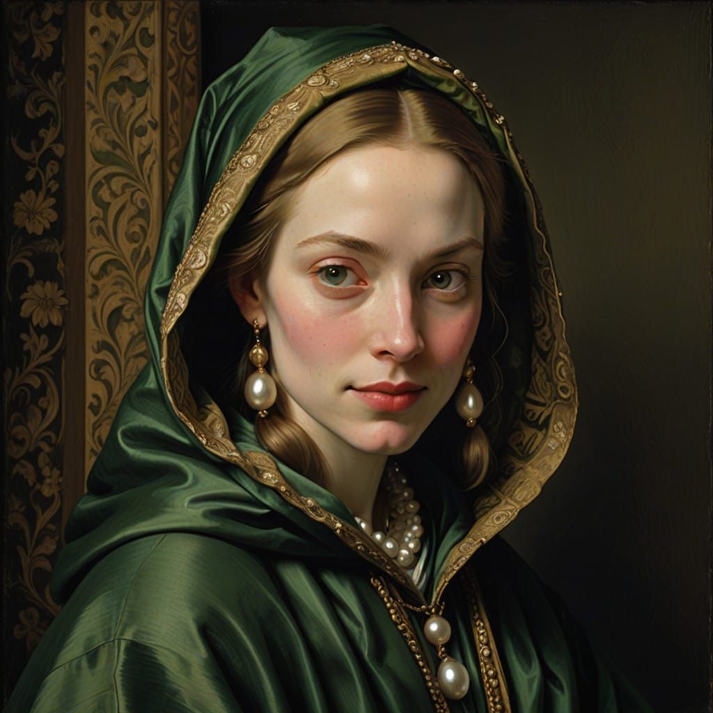 Vibrant Green Cloak Girl in Classic Dutch Oil Painting Style