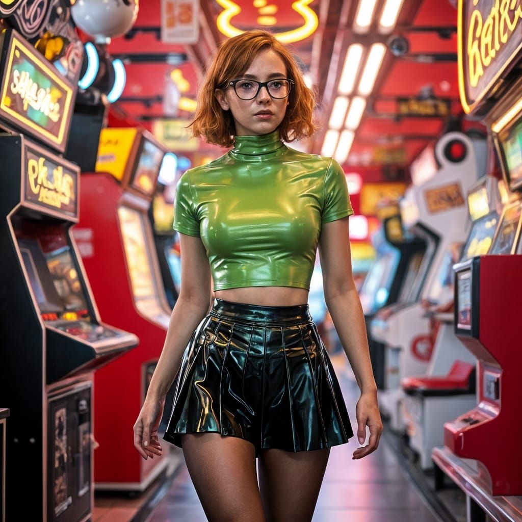 Young Woman in Latex Skirt Walking Through Arcade