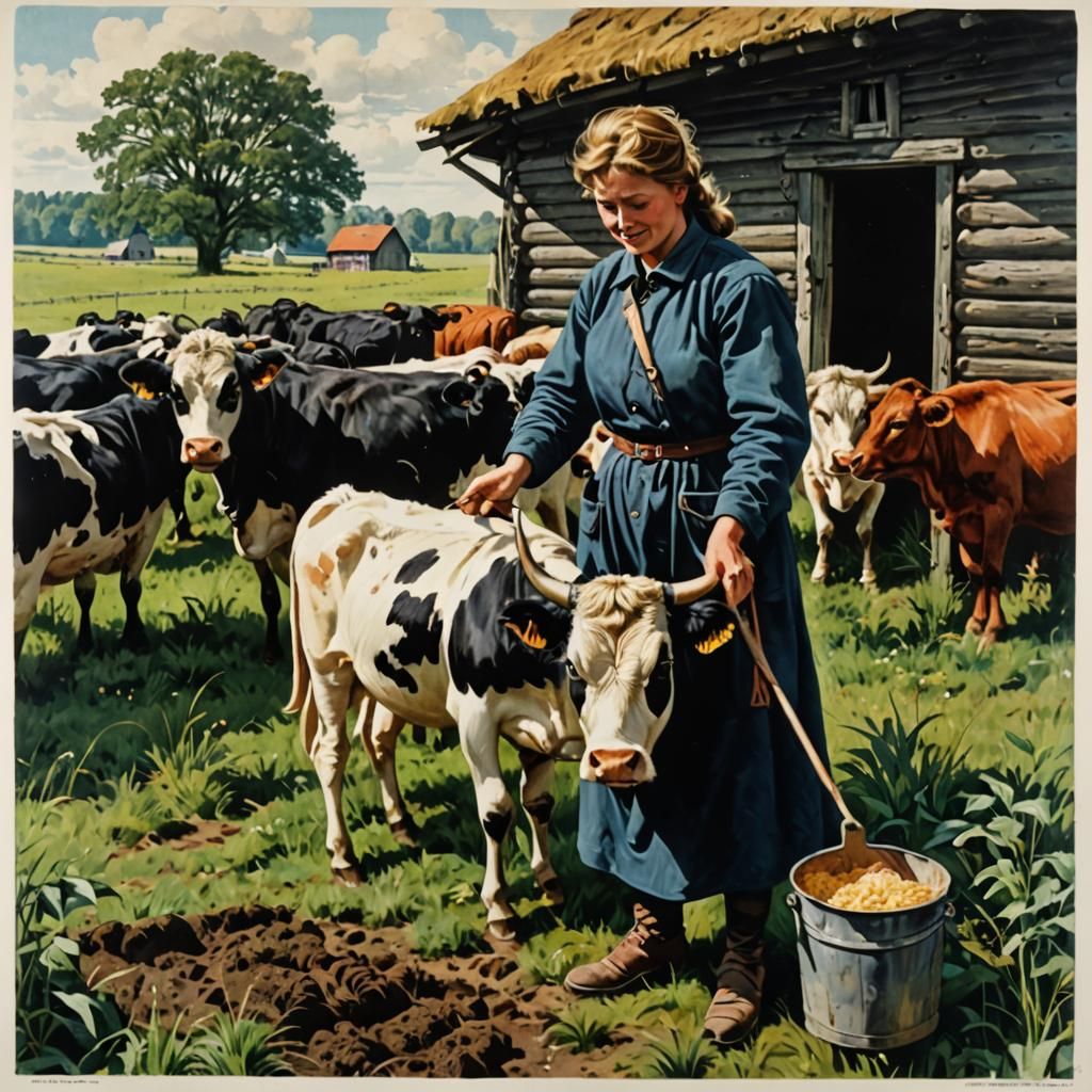 Vintage Soviet Farmcore Cow Pasture Painting