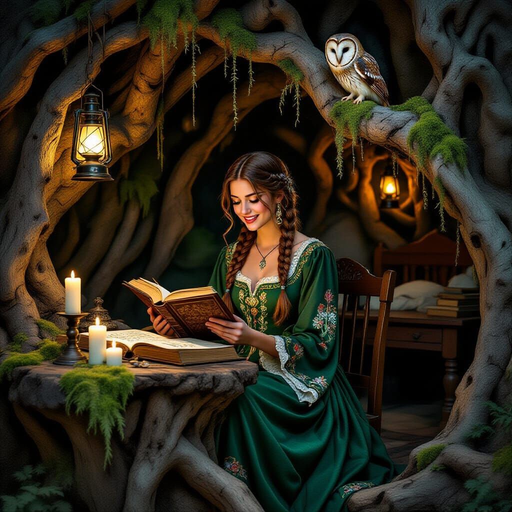 Sorceress Studies Herbs in Root-Filled Chamber