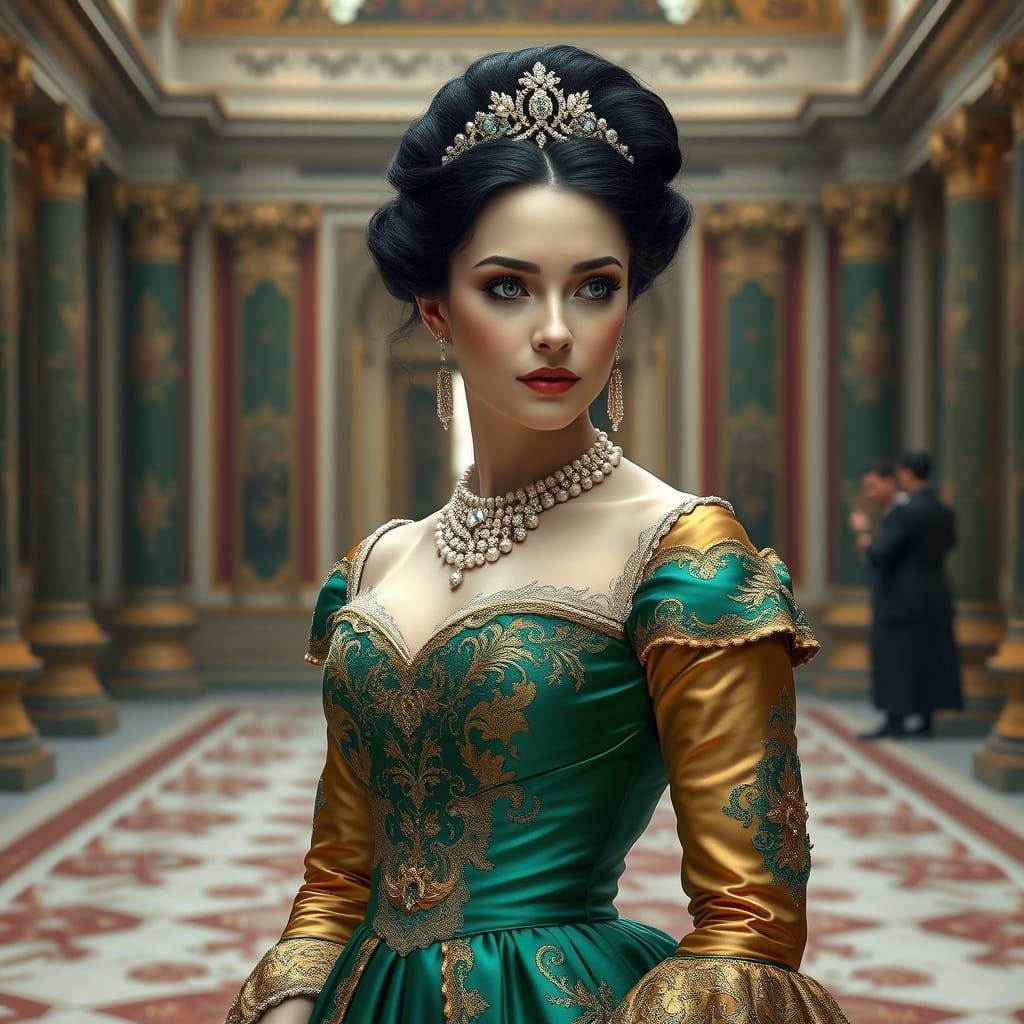 Elegant Woman in Emerald Gown, Matte Painting Style