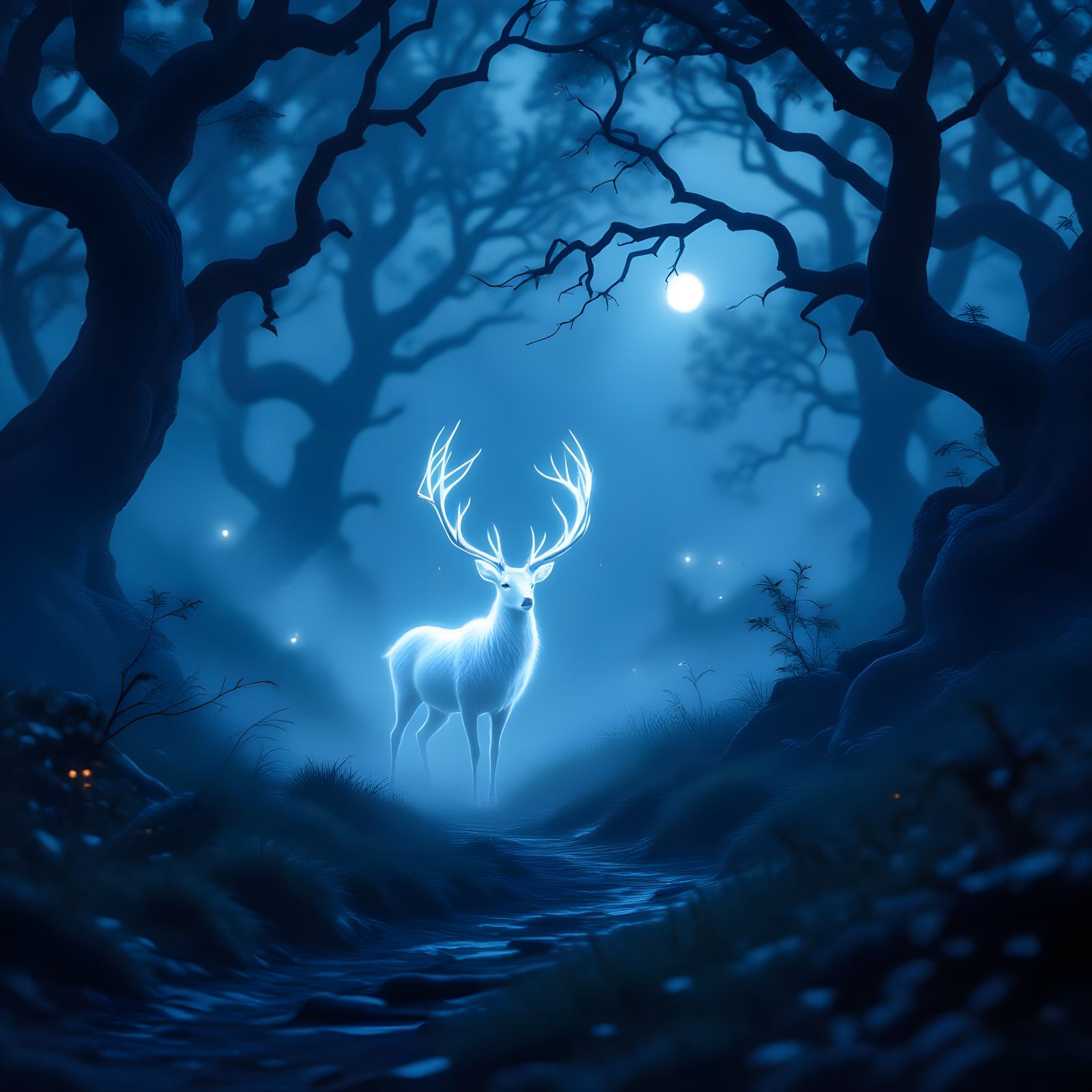 Ethereal White Stag Guides Through Enchanted Forest