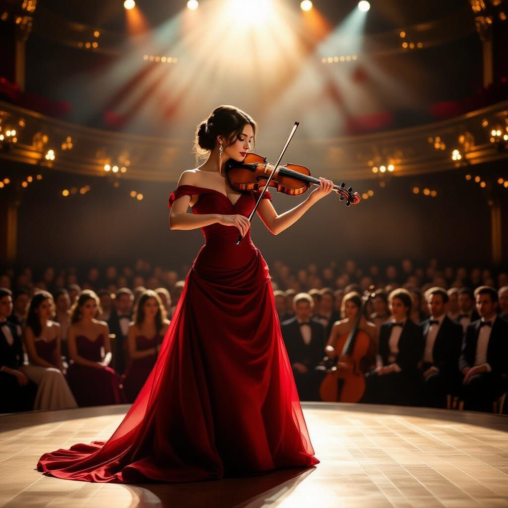 Woman in Red Gown Plays Violin on Stage