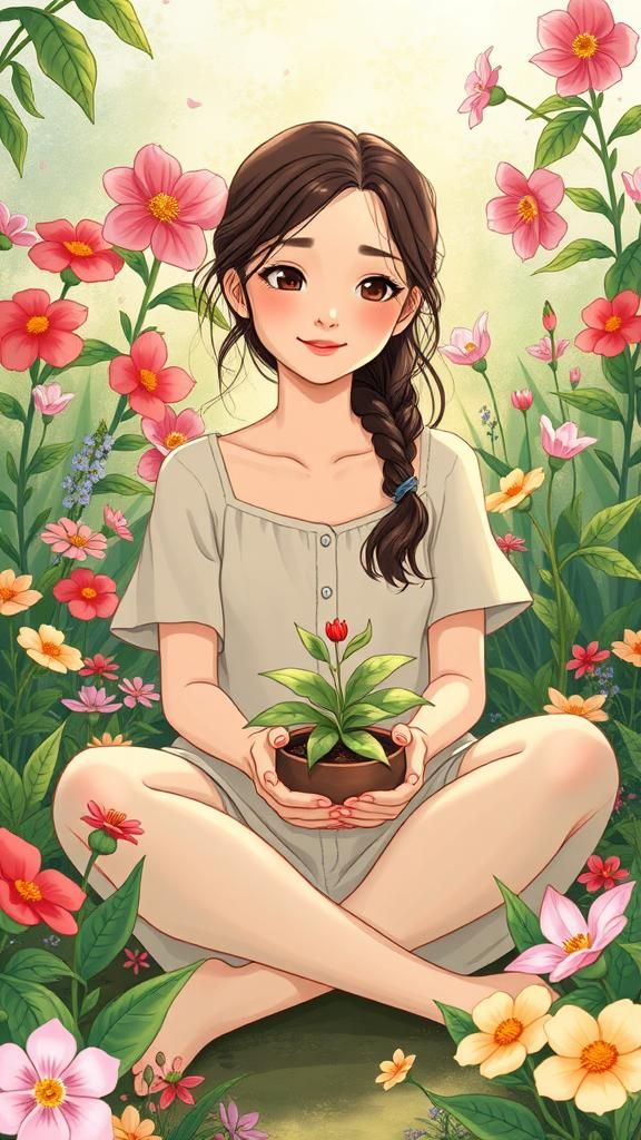 Woman in Garden, Miyazaki and Potter Inspired