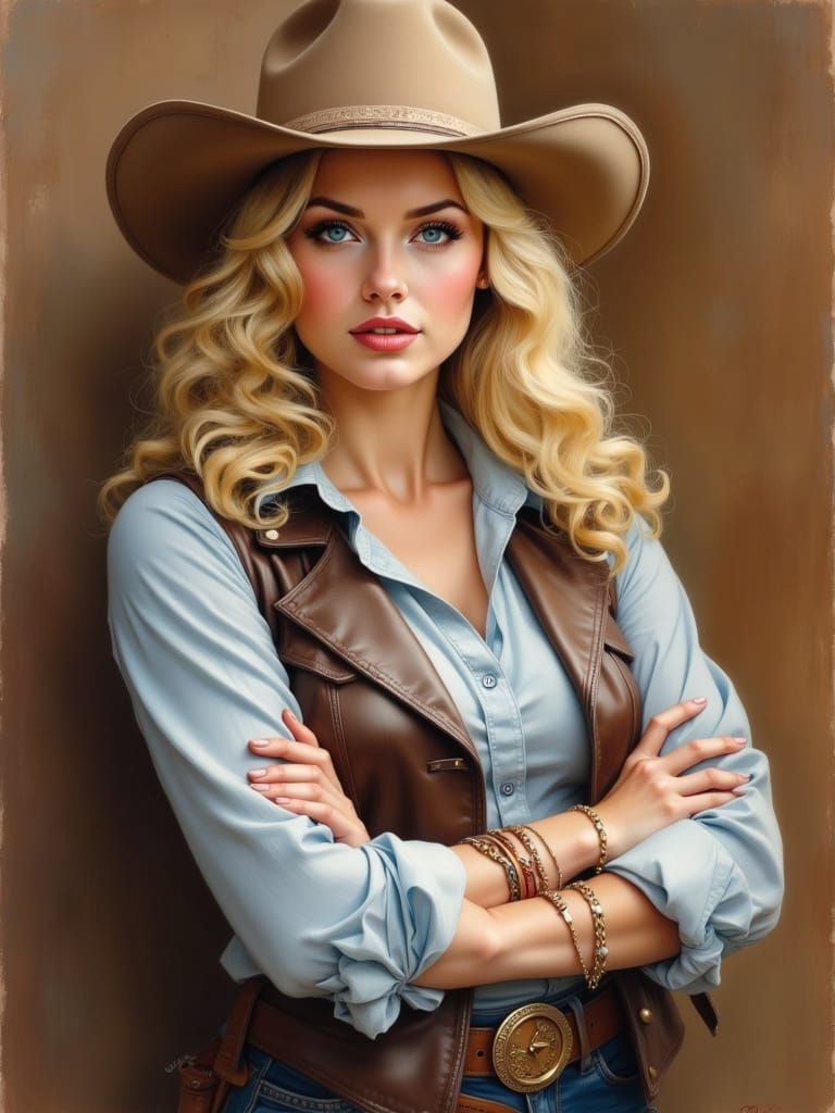 Confident Blonde Cowgirl Portrait in Painterly Style