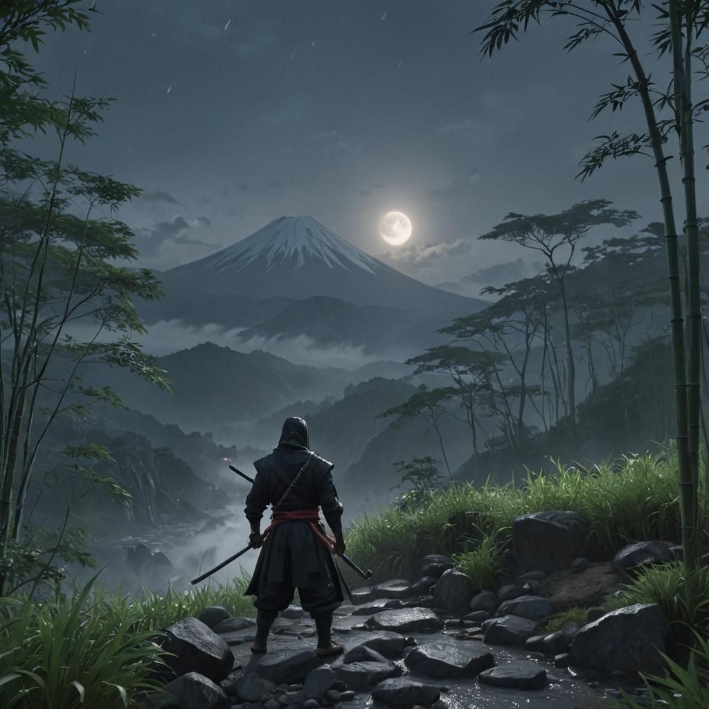 Ninja at Valley Edge with Mt. Fuji in Rain