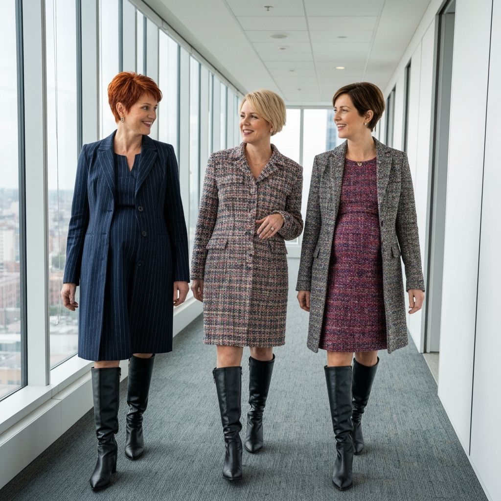 Pregnant Businesswomen in Colorful Blazers and Boots