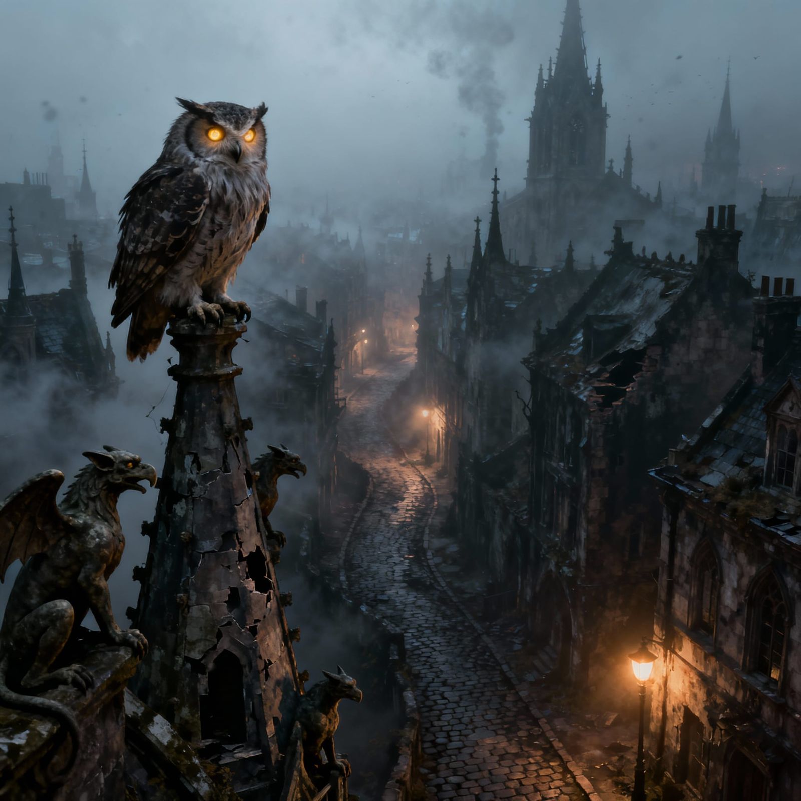Wise Owl Over Foggy Gothic City