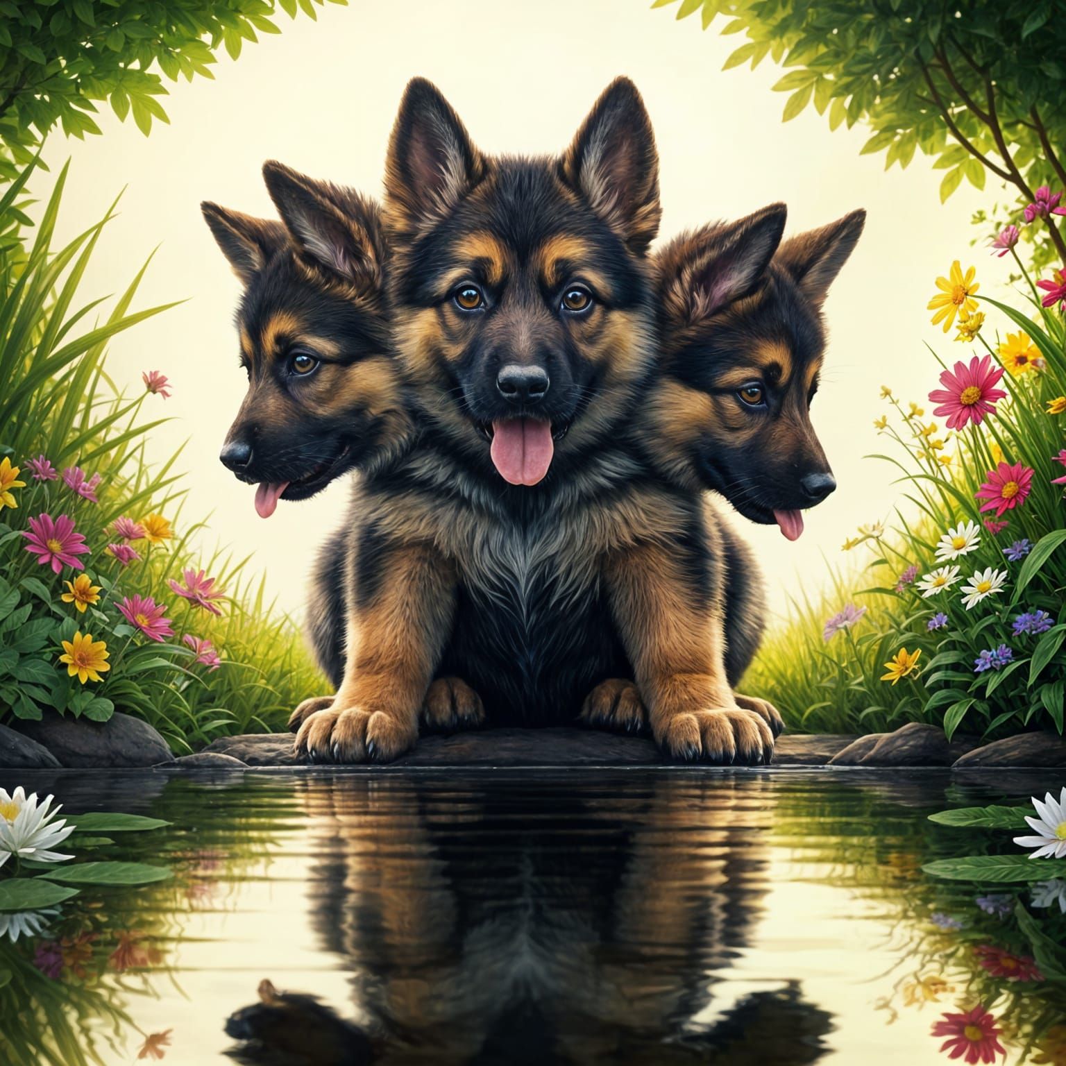 Whimsical Triple German Shepherd Puppy by a Serene Lake