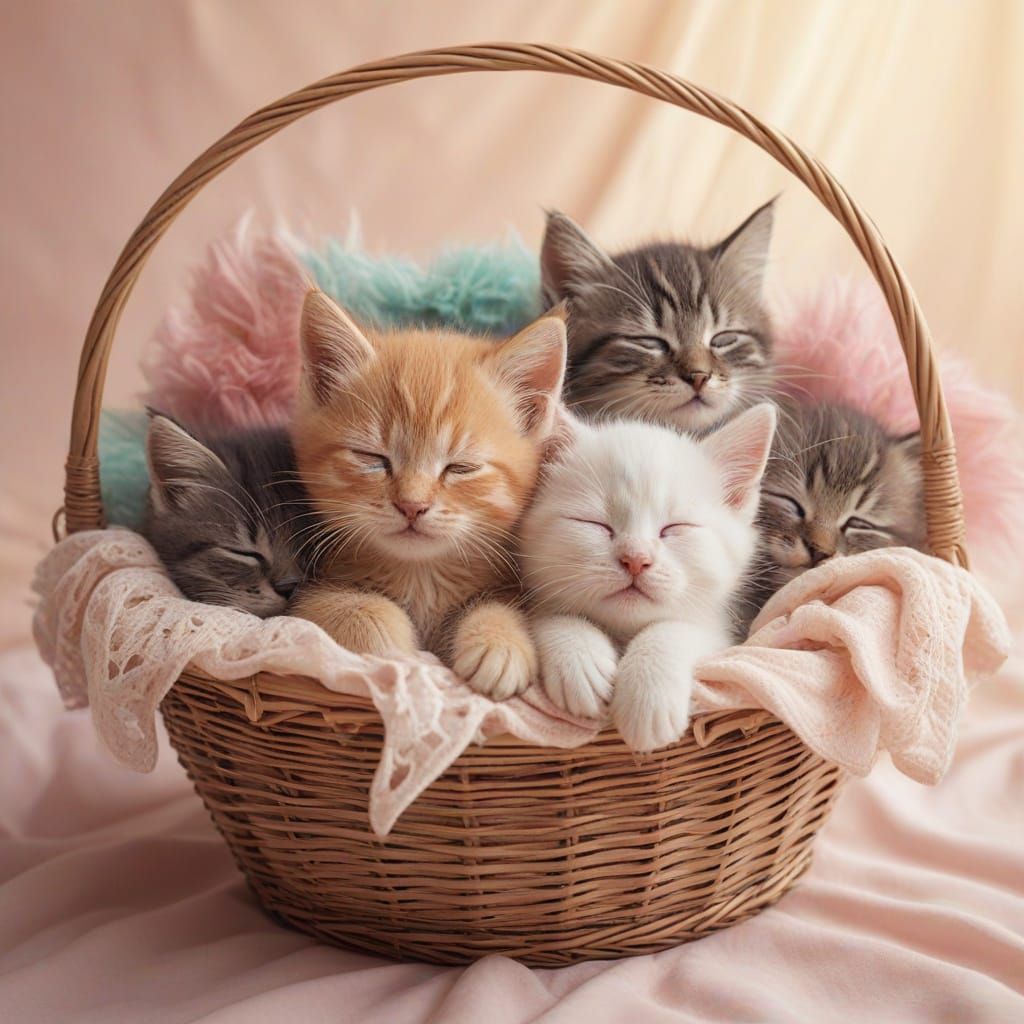 Adorable Fluffy Kittens Sleeping in Basket Digital Art
