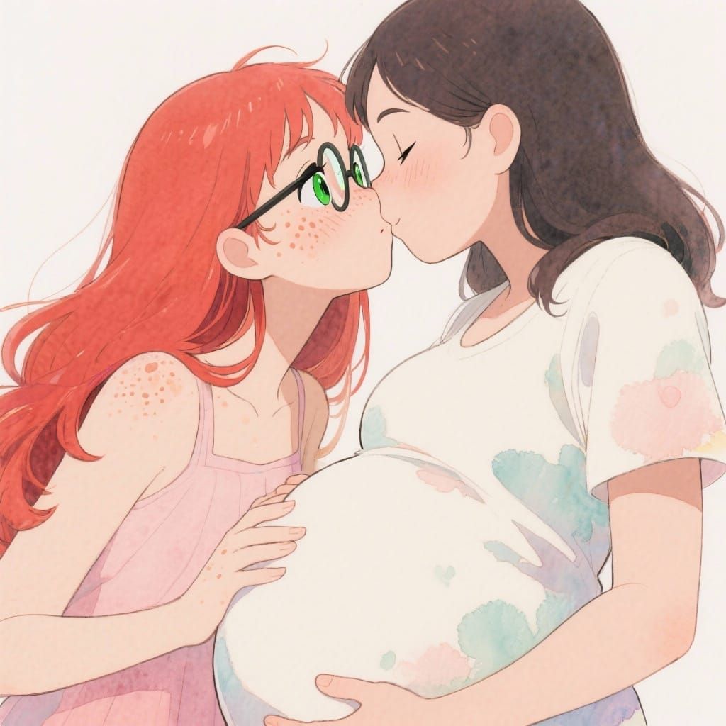 Anime Style: Woman Kisses Pregnant Partner