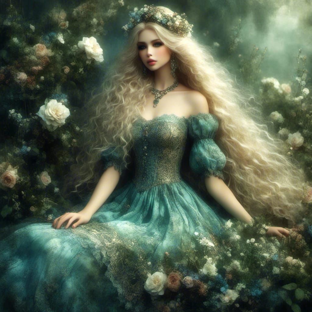 Beautiful Blonde Woman in Blue Dress: 3D Portrait