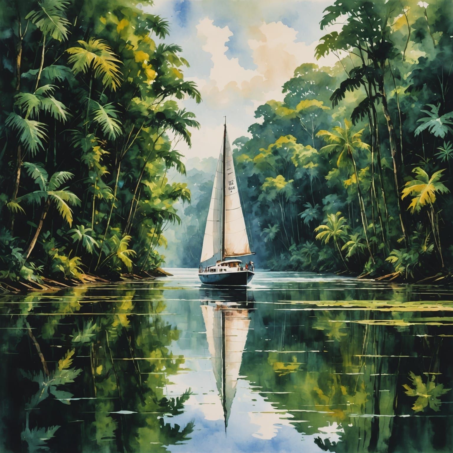 Masterpiece portrait of a yacht sailing down Amazon river.  Scenic lush jungle landscape in background. Wet brush, Water...