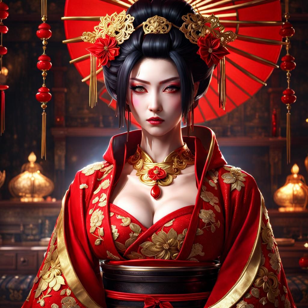 Gothic Geisha in Red with Golden Petals