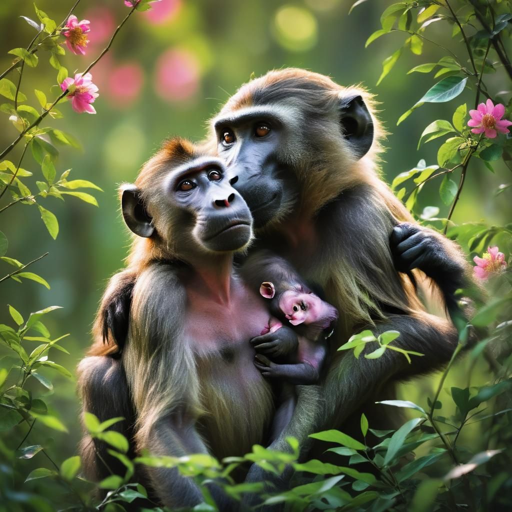 Baboon and Baby in Lush Forest: Wildlife Photography