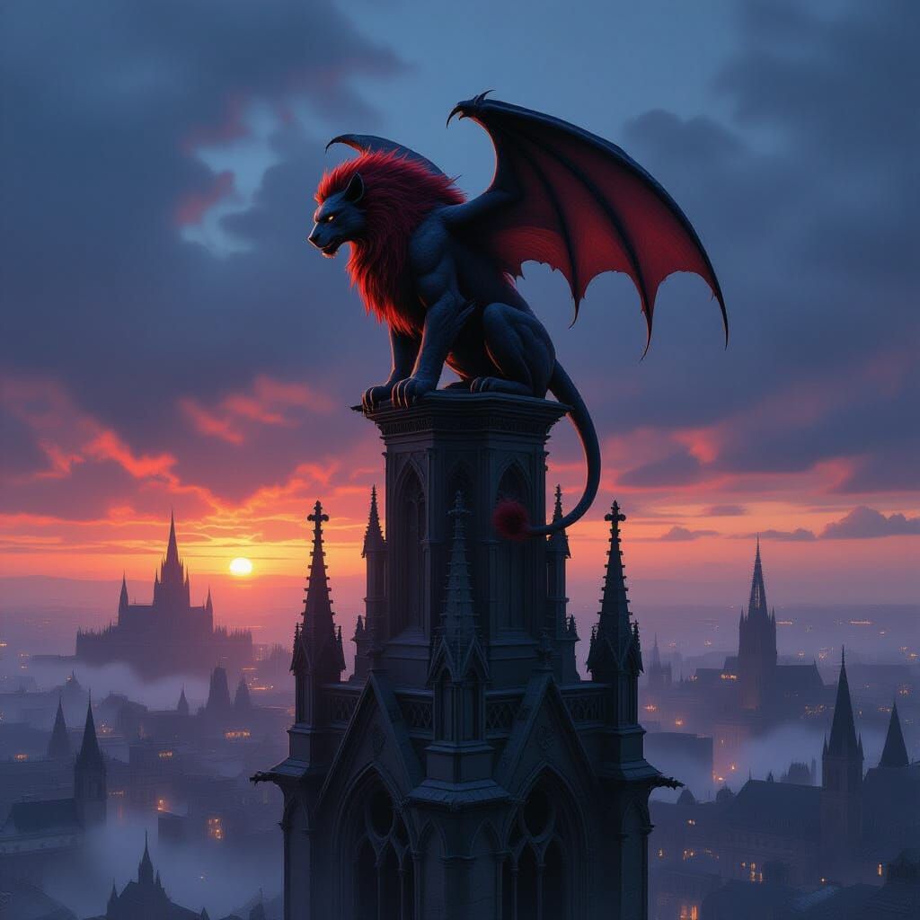 Gargoyle Lion Perched on Gothic Spire at Twilight